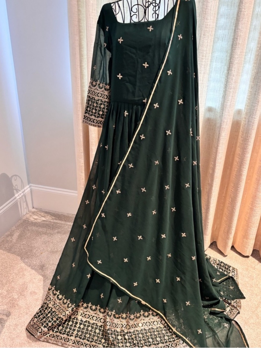 Dark Green Anarkali Salwar Embroidered, Dupatta, pants